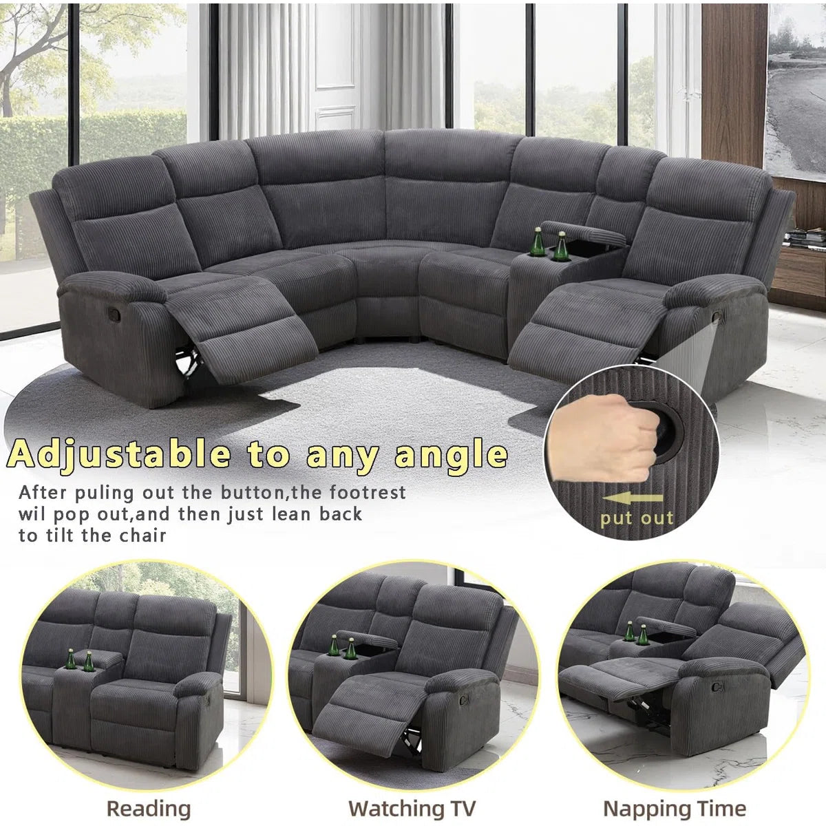 3-Piece Stripe Fabric Manual Reclining Curved Sectional With Storage Console And Cup Holders