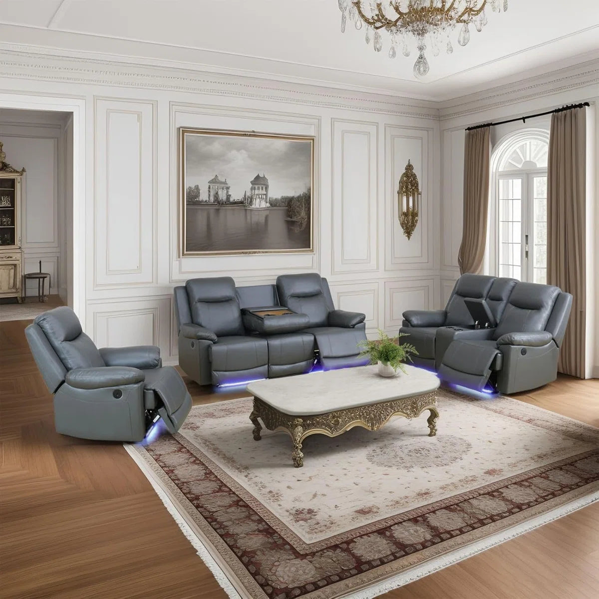3-piece Deep Gray Breathing Leather Living Room Recliner Sofa Set