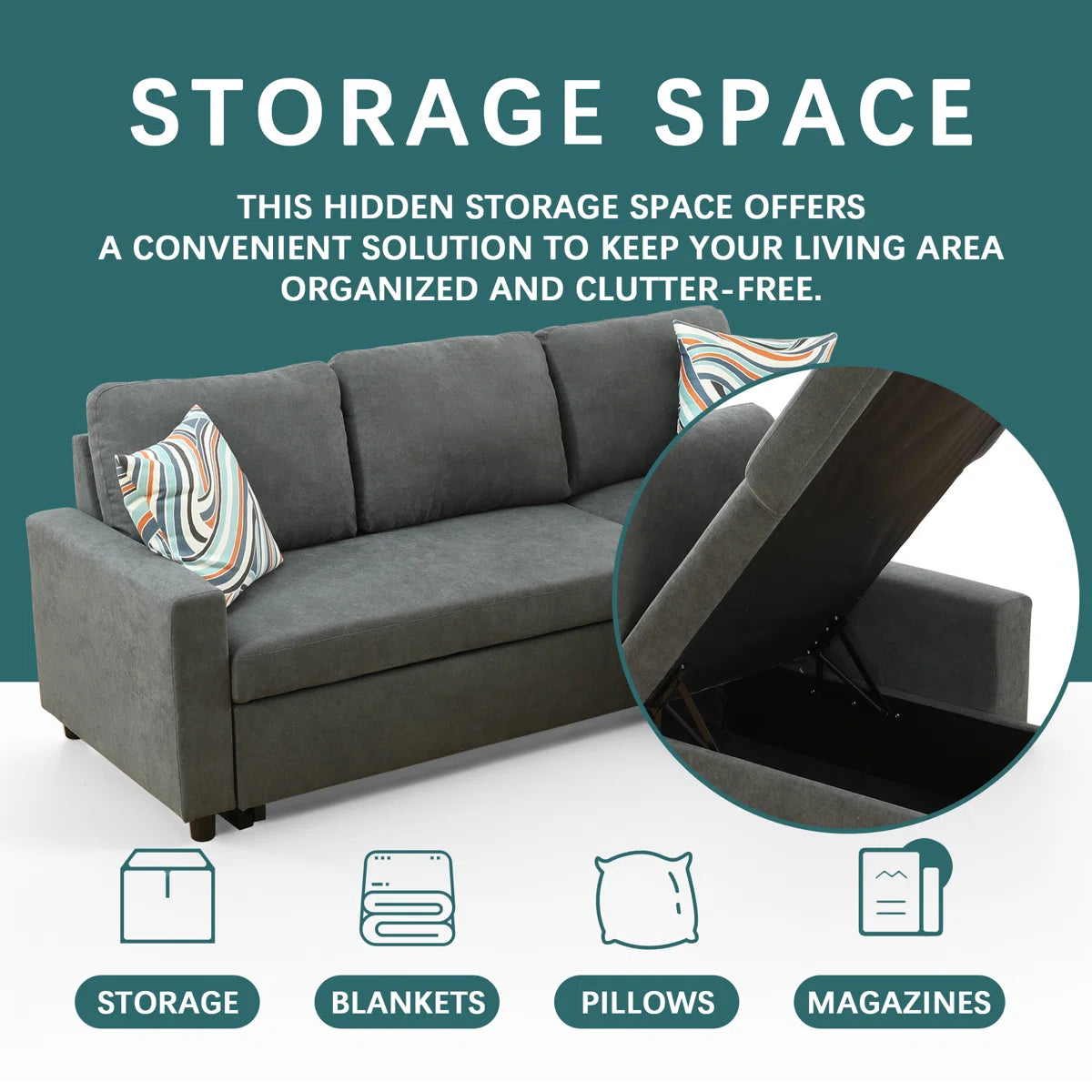 Charcoal Chenille Sleeper Sofa With Storage Space