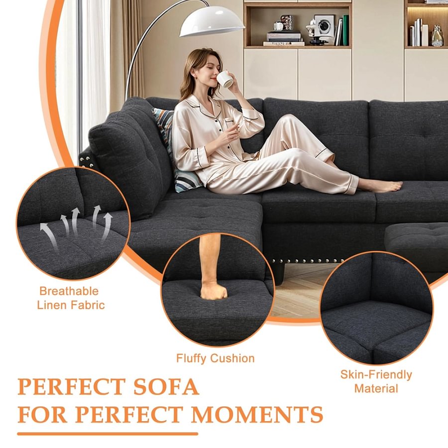 97.5" Wide Black Grey Linen L-Shaped Living Room Sectional Sofa Set