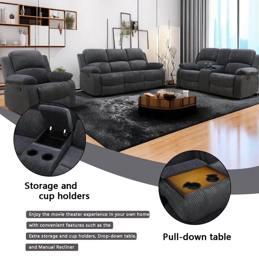 3-Piece Textured Dark Grey Corduroy Reclining Sofa Set