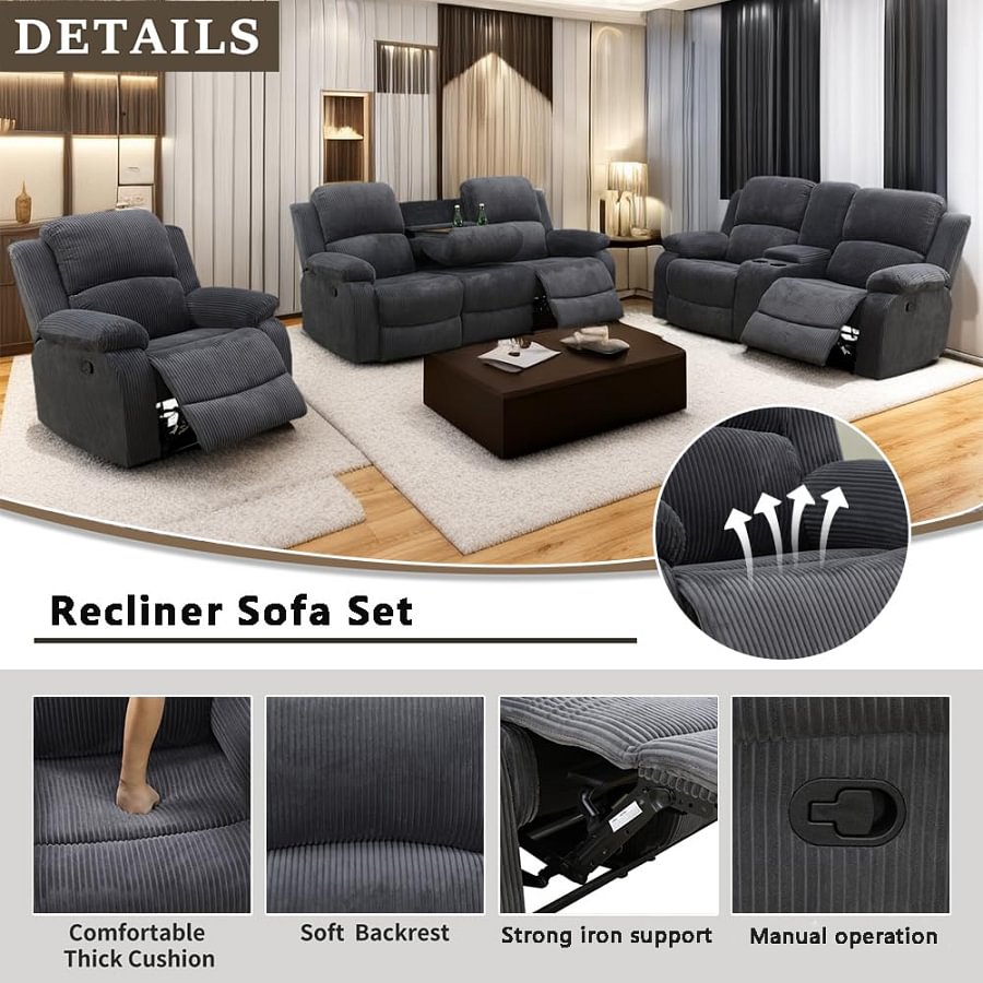 3-Piece Textured Dark Grey Corduroy Reclining Sofa Set