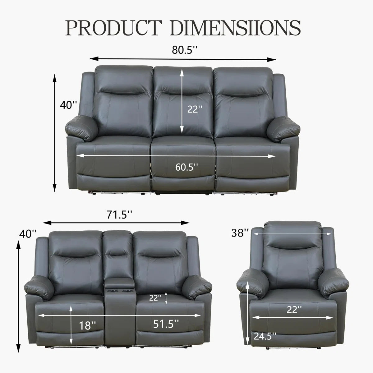 3-piece Deep Gray Breathing Leather Living Room Recliner Sofa Set