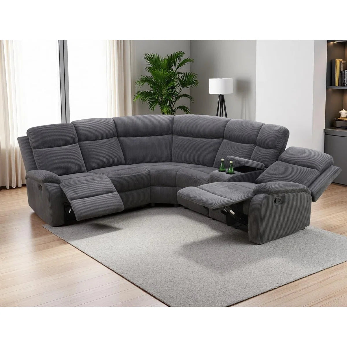 3-Piece Stripe Fabric Manual Reclining Curved Sectional With Storage Console And Cup Holders