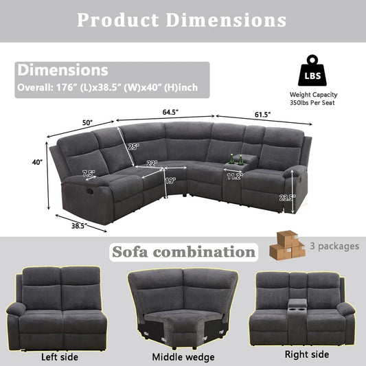 3-Piece Stripe Fabric Manual Reclining Curved Sectional With Storage Console And Cup Holders
