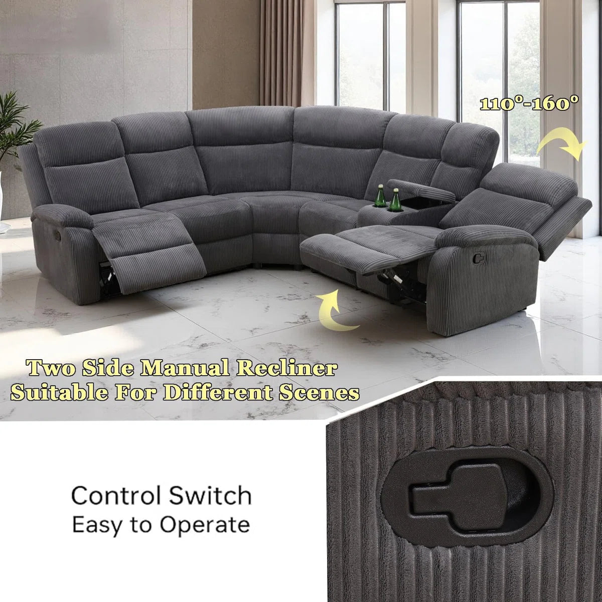3-Piece Stripe Fabric Manual Reclining Curved Sectional With Storage Console And Cup Holders