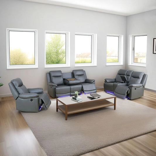 3-piece Deep Gray Breathing Leather Living Room Recliner Sofa Set