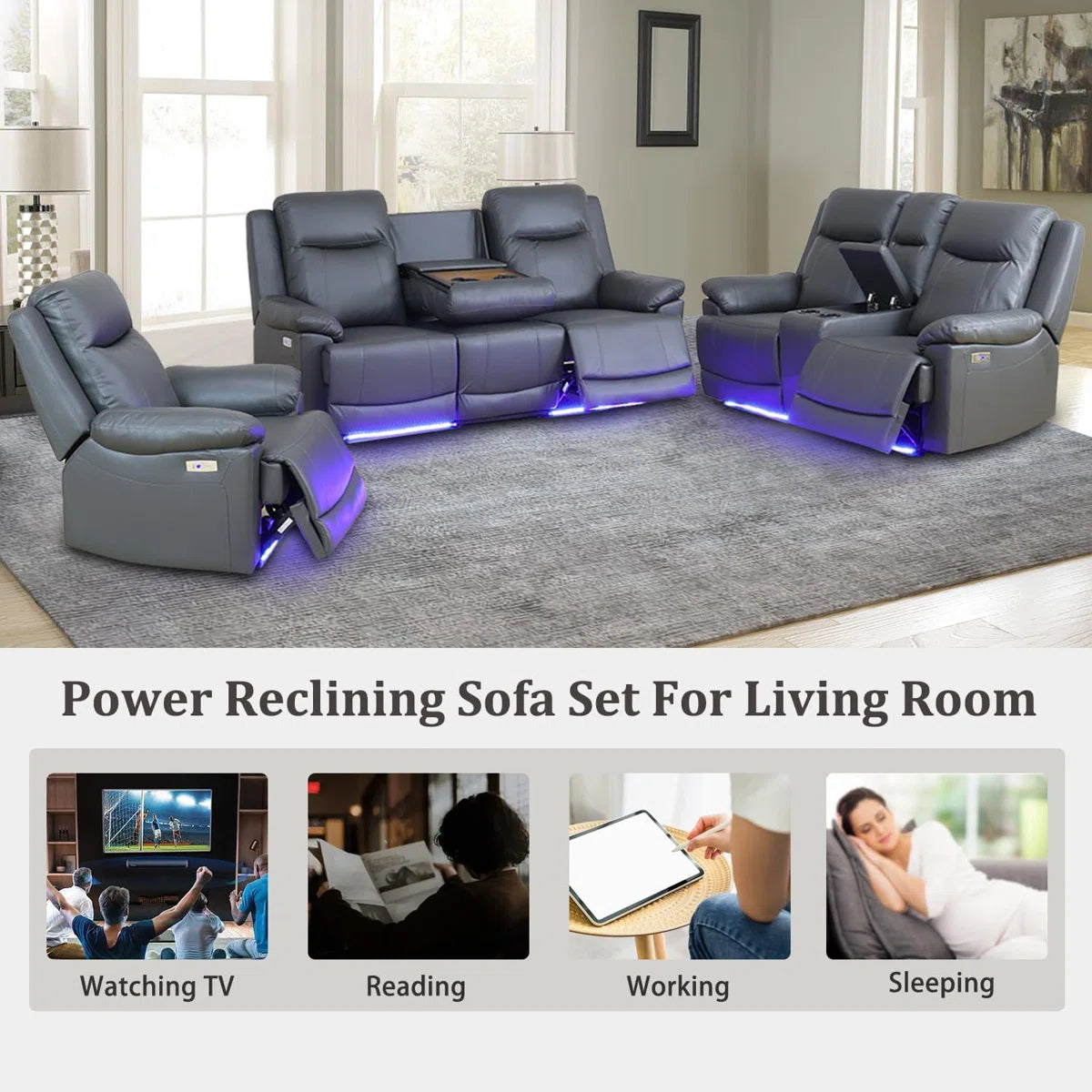 3-piece Deep Gray Breathing Leather Living Room Recliner Sofa Set