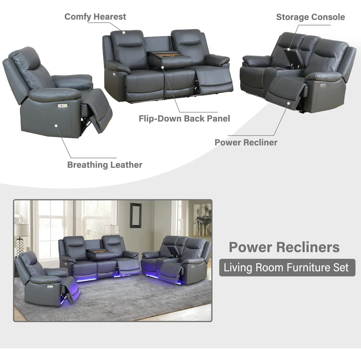 3-piece Deep Gray Breathing Leather Living Room Recliner Sofa Set
