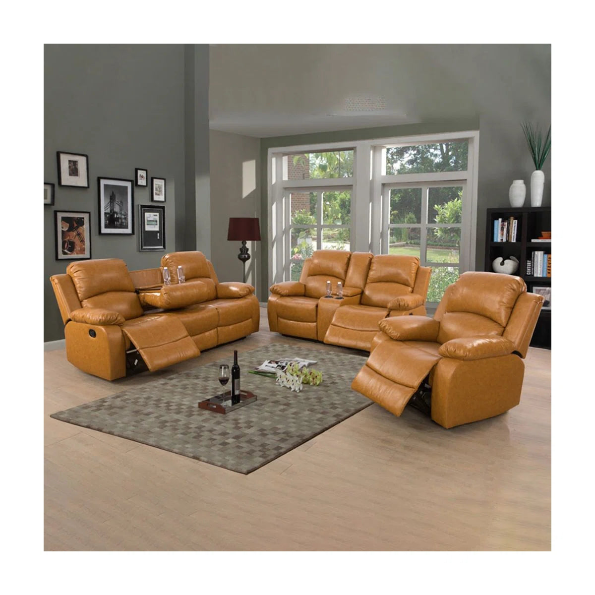 3 Piece Vegan Leather Manual Reclining Living Room Sofa Set