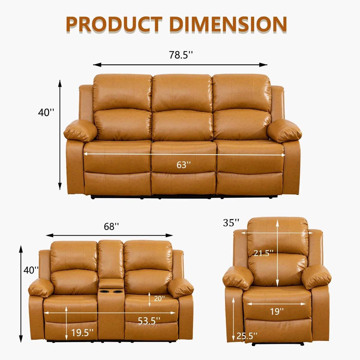 3 Piece Vegan Leather Manual Reclining Living Room Sofa Set