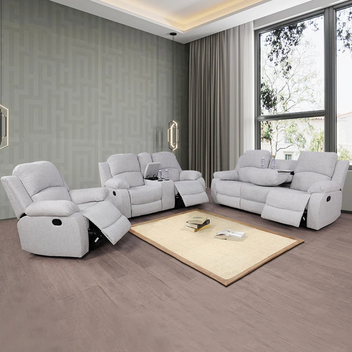 3 - Pieces White Gray Linen Reclining Living Room Set