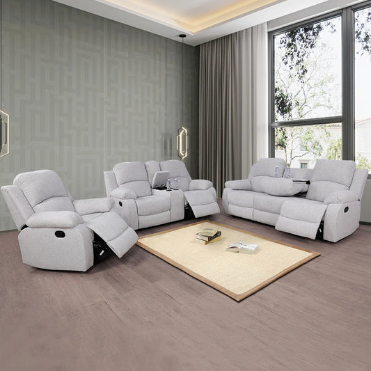 3 - Pieces White Gray Linen Reclining Living Room Set