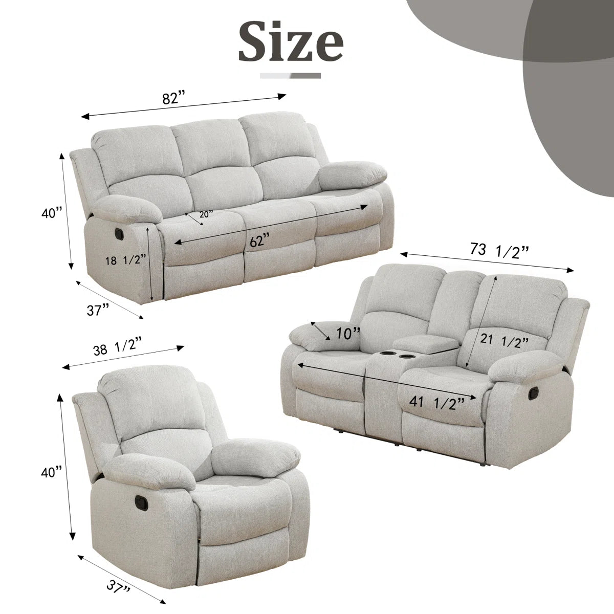 3 - Pieces White Gray Linen Reclining Living Room Set