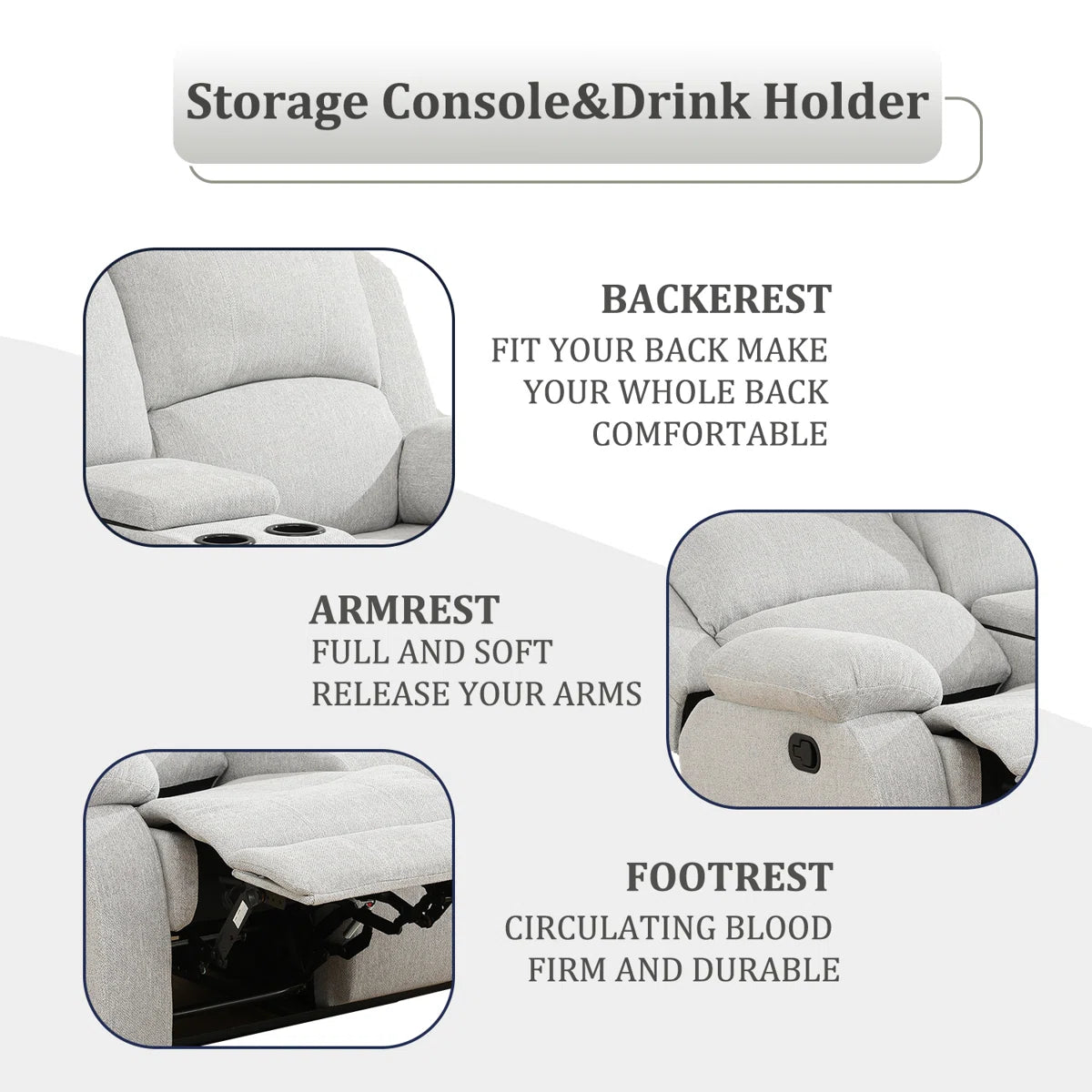 3 - Pieces White Gray Linen Reclining Living Room Set