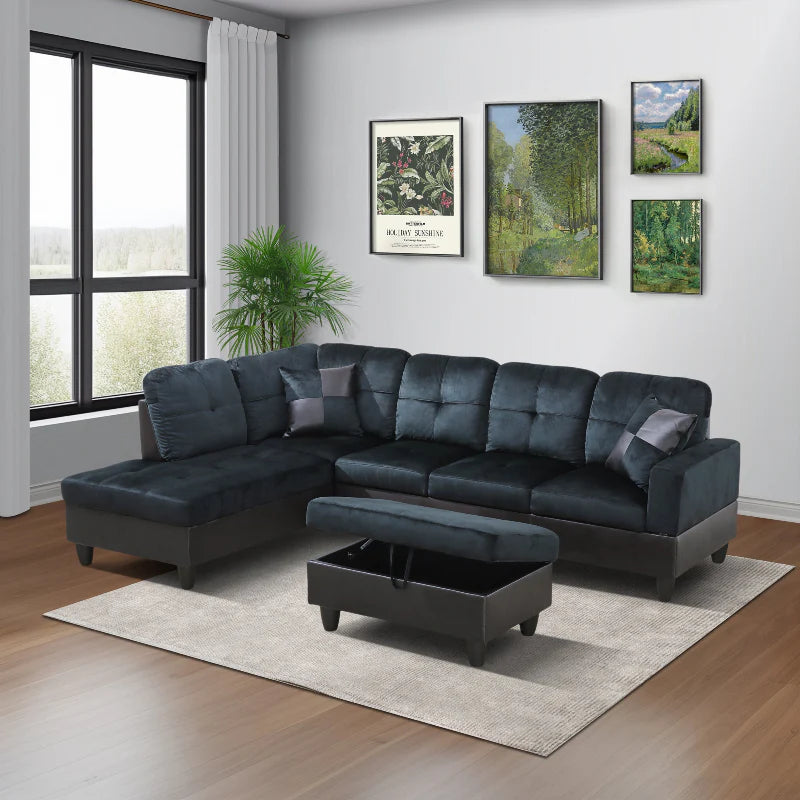 Dark Blue Microfiber L-Shaped Living Room Sectional Sofa Set - Left or right chaise