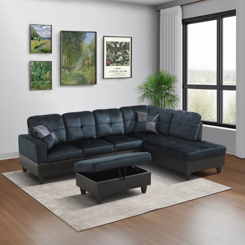 Dark Blue Microfiber L-Shaped Living Room Sectional Sofa Set - Left or right chaise