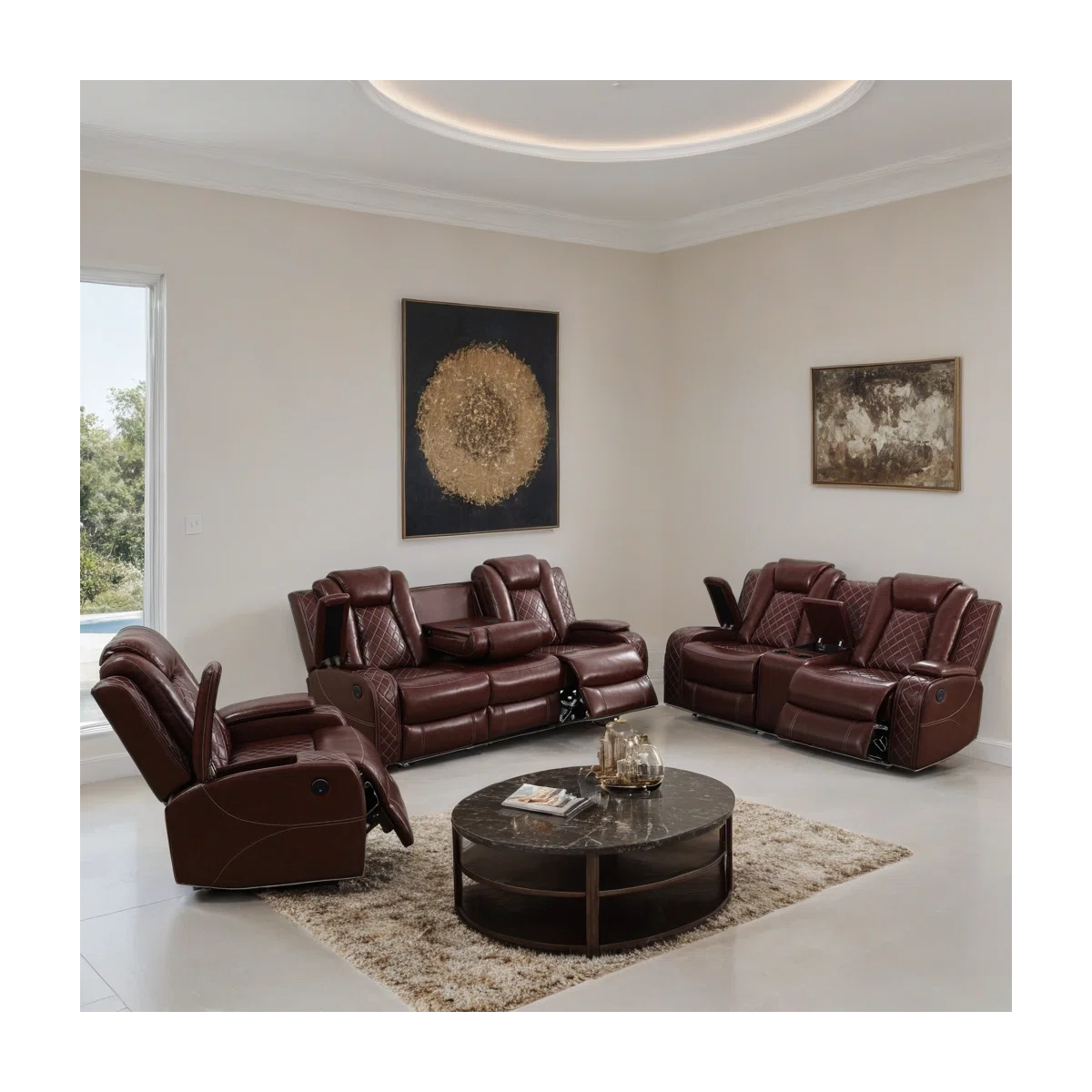 3-piece Reddish Brown Breathing Leather Living Room Recliner Sofa Set