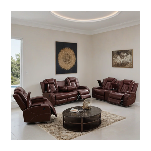 3-piece Reddish Brown Breathing Leather Living Room Recliner Sofa Set