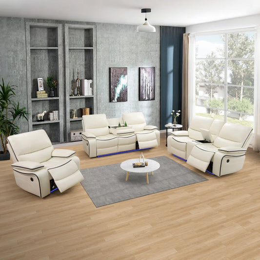 3-Piece Off White  Breathing Leather Living Room Recliner Sofa Set