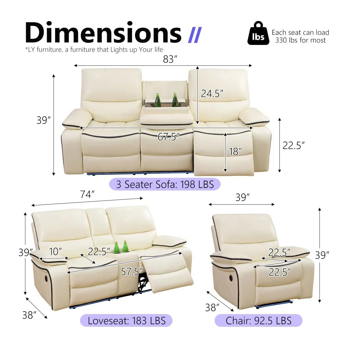 3-Piece Off White  Breathing Leather Living Room Recliner Sofa Set