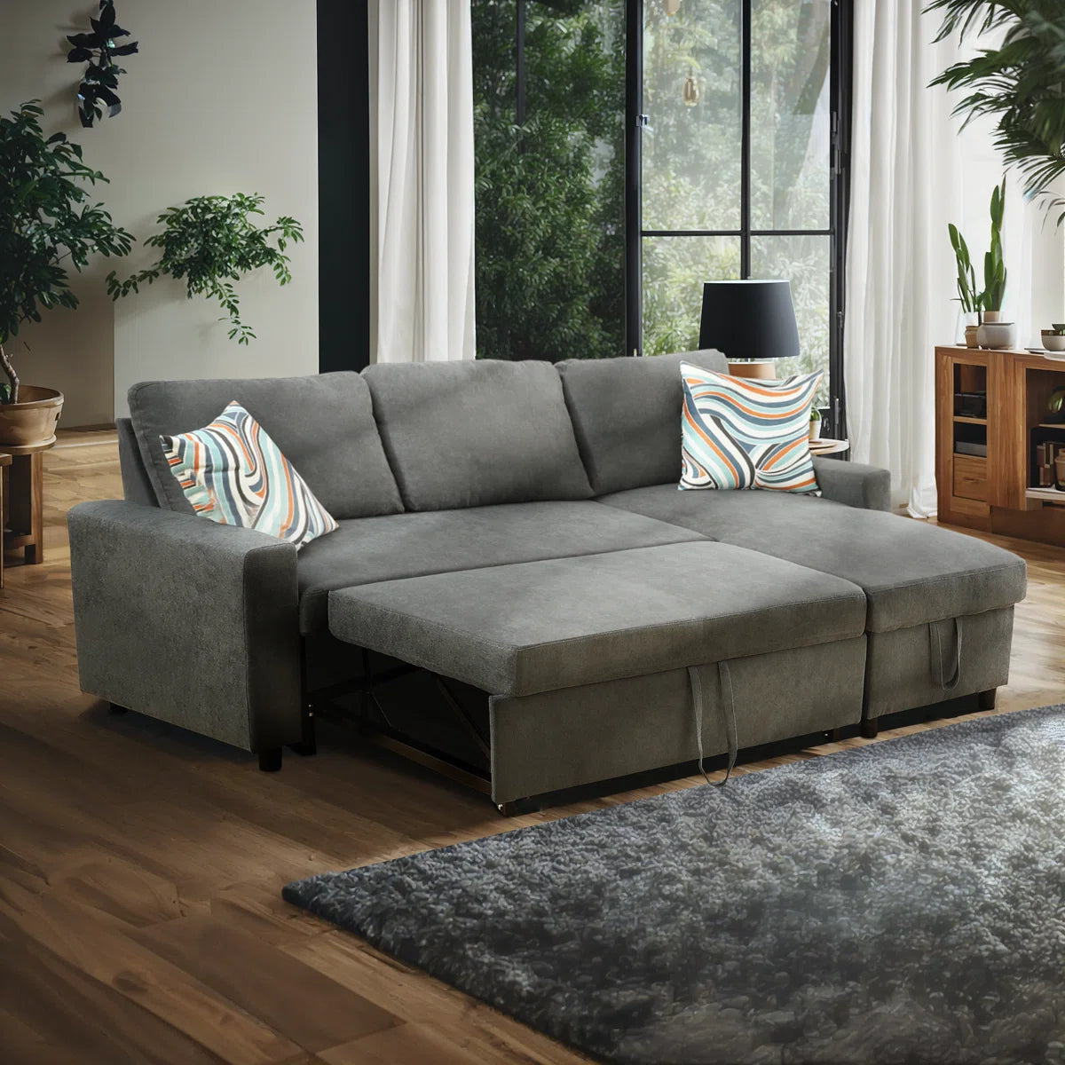 Charcoal Chenille Sleeper Sofa With Storage Space