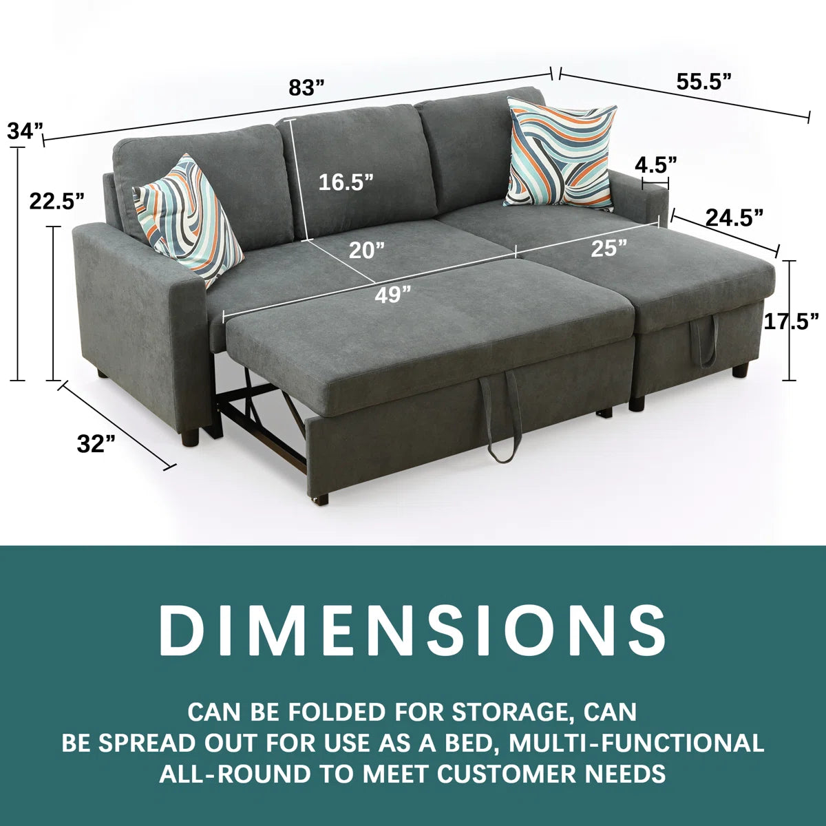 Charcoal Chenille Sleeper Sofa With Storage Space