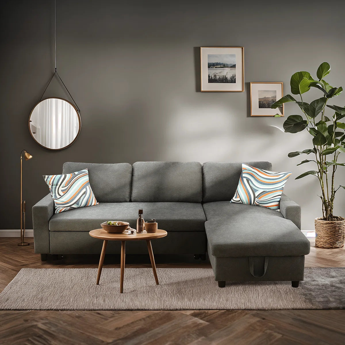 Charcoal Chenille Sleeper Sofa With Storage Space