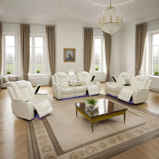3-piece White Breathing Leather Living Room Recliner Sofa Set