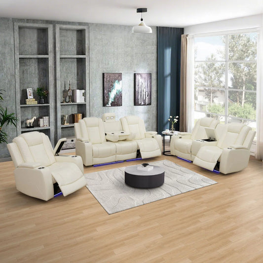 3-piece White Breathing Leather Living Room Recliner Sofa Set