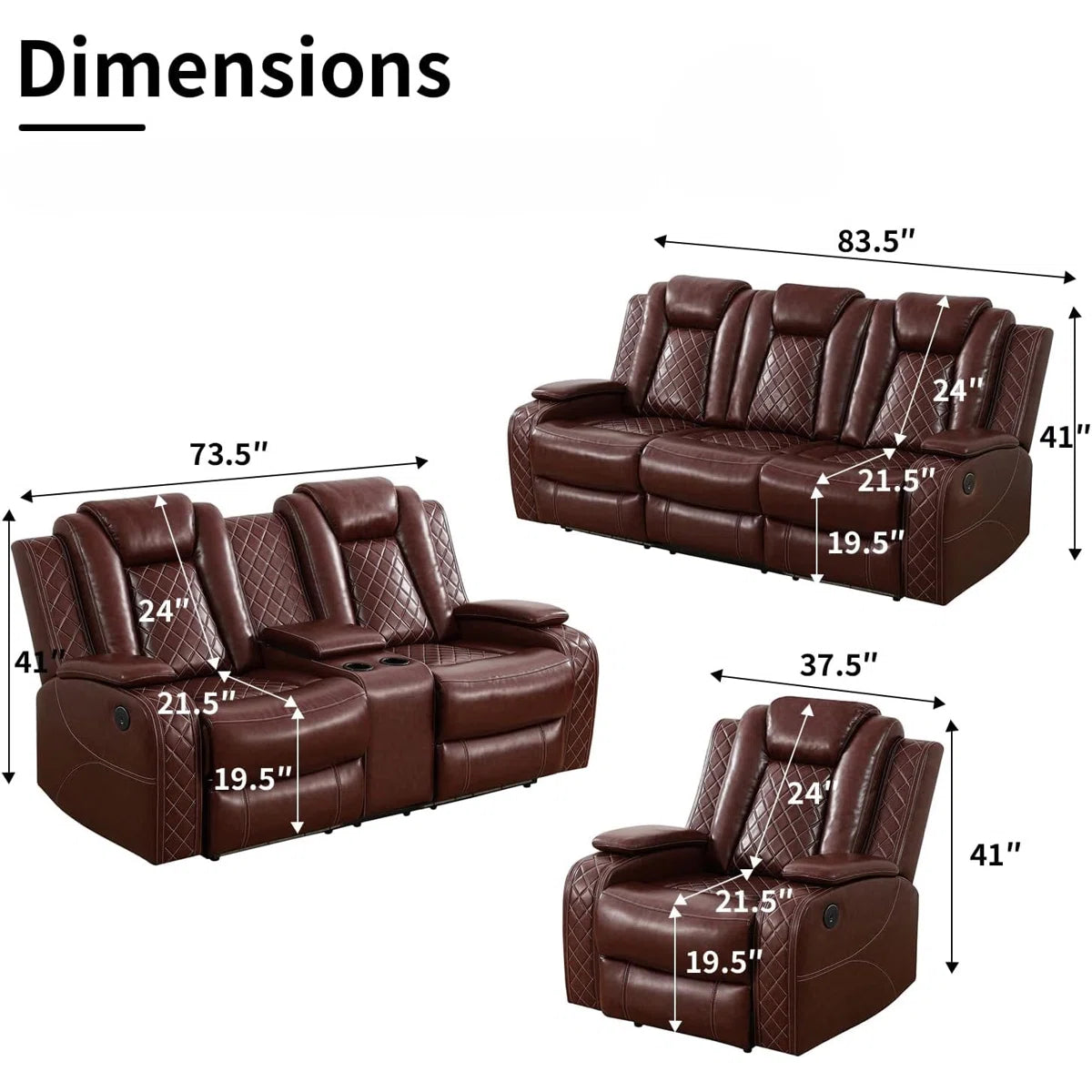 3-piece Reddish Brown Breathing Leather Living Room Recliner Sofa Set