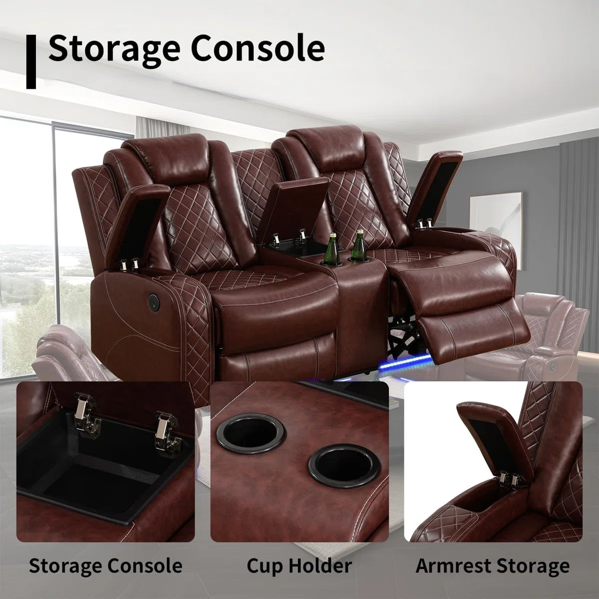 3-piece Reddish Brown Breathing Leather Living Room Recliner Sofa Set
