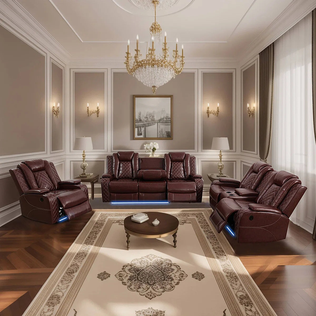 3-piece Reddish Brown Breathing Leather Living Room Recliner Sofa Set