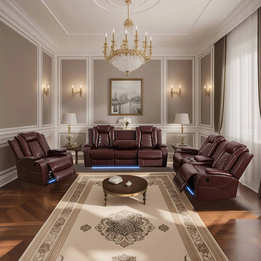 3-piece Reddish Brown Breathing Leather Living Room Recliner Sofa Set