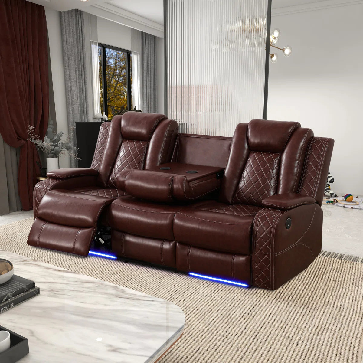 3-piece Reddish Brown Breathing Leather Living Room Recliner Sofa Set
