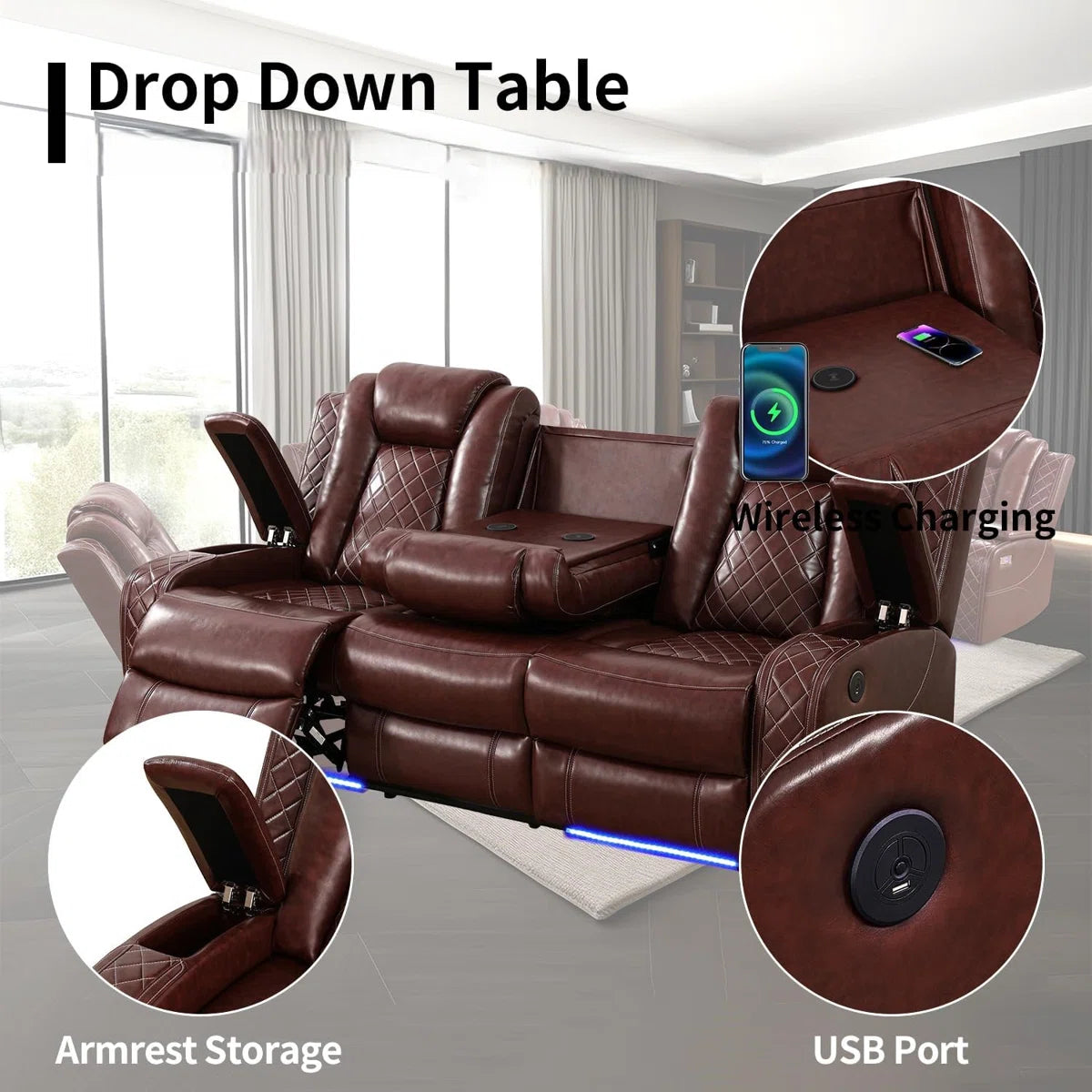 3-piece Reddish Brown Breathing Leather Living Room Recliner Sofa Set