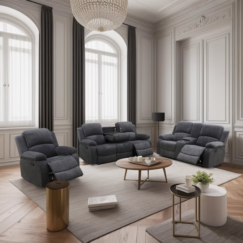 3-Piece Textured Dark Grey Corduroy Reclining Sofa Set