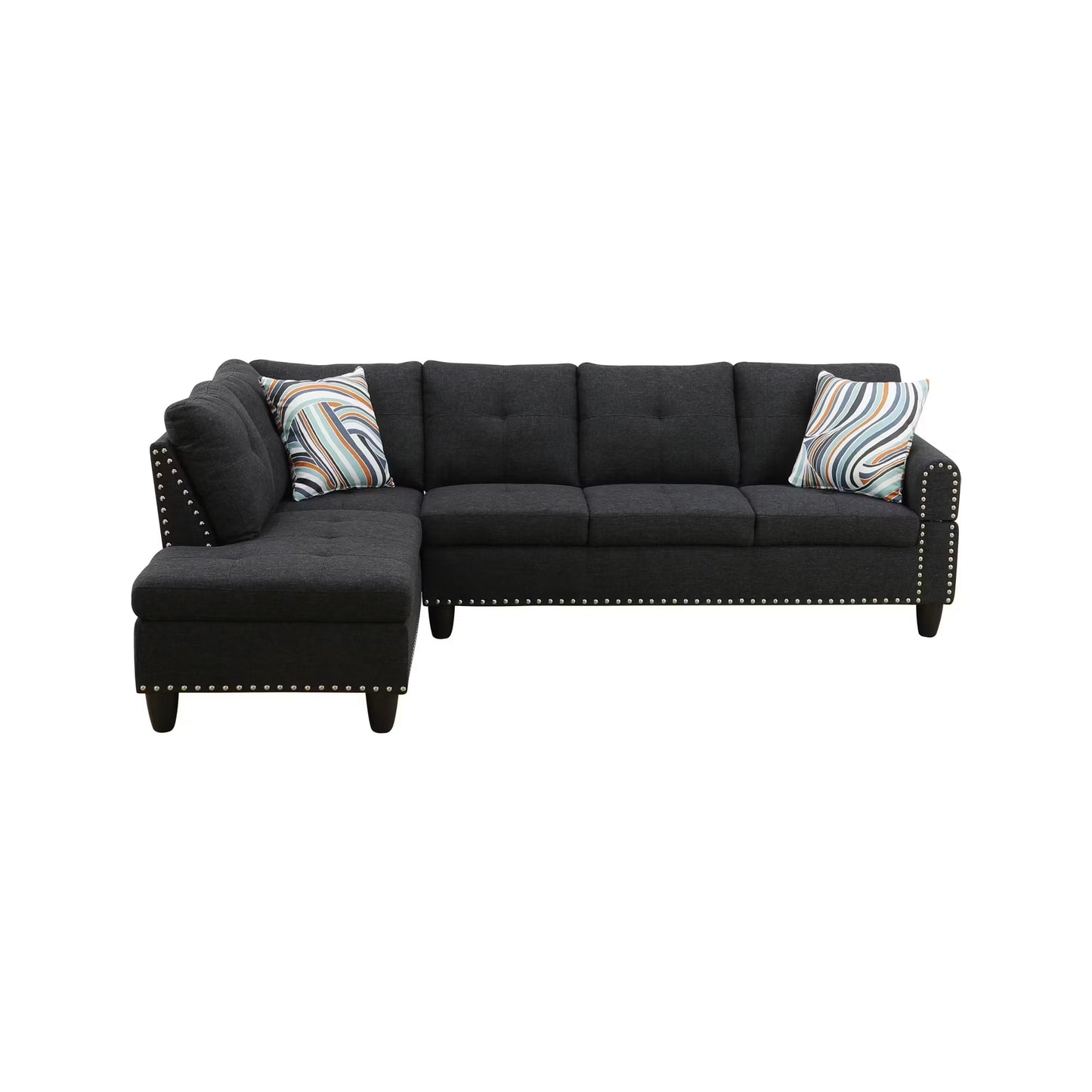 97.5" Wide Black Grey Linen L-Shaped Living Room Sectional Sofa Set