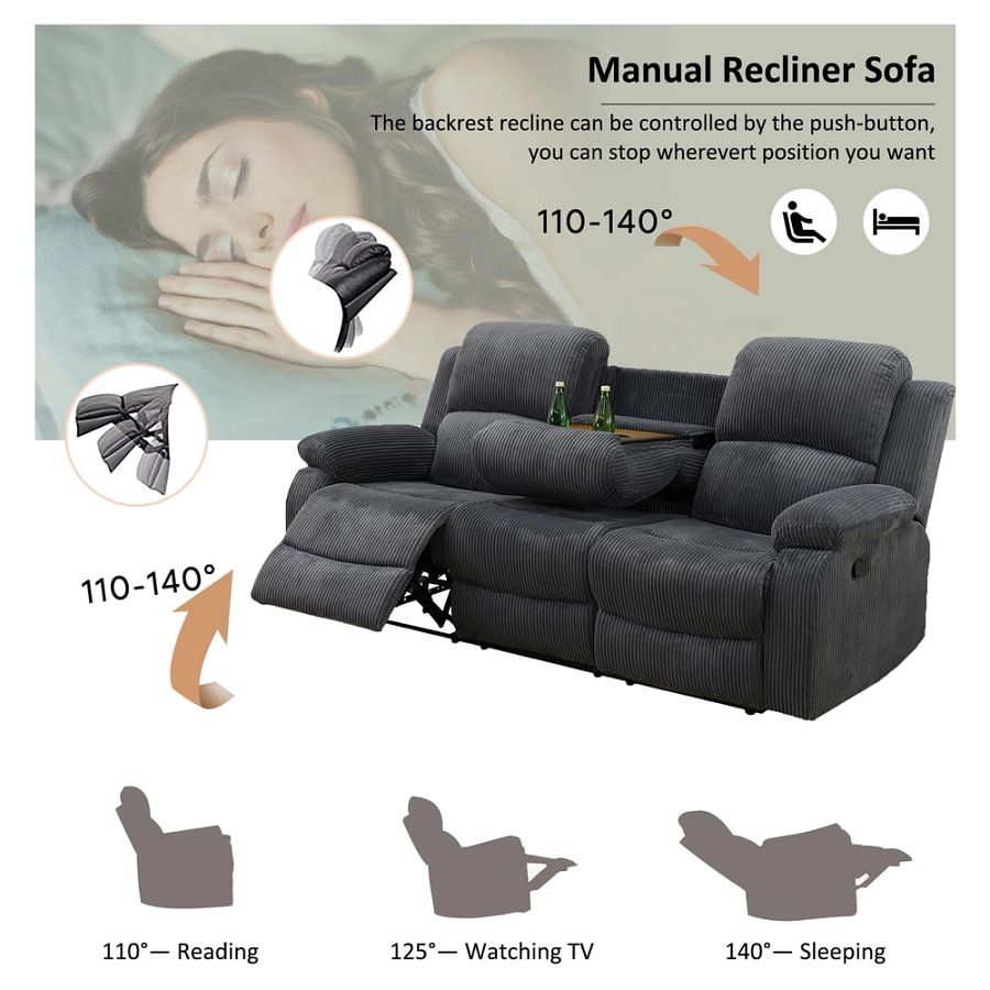 3-Piece Textured Dark Grey Corduroy Reclining Sofa Set