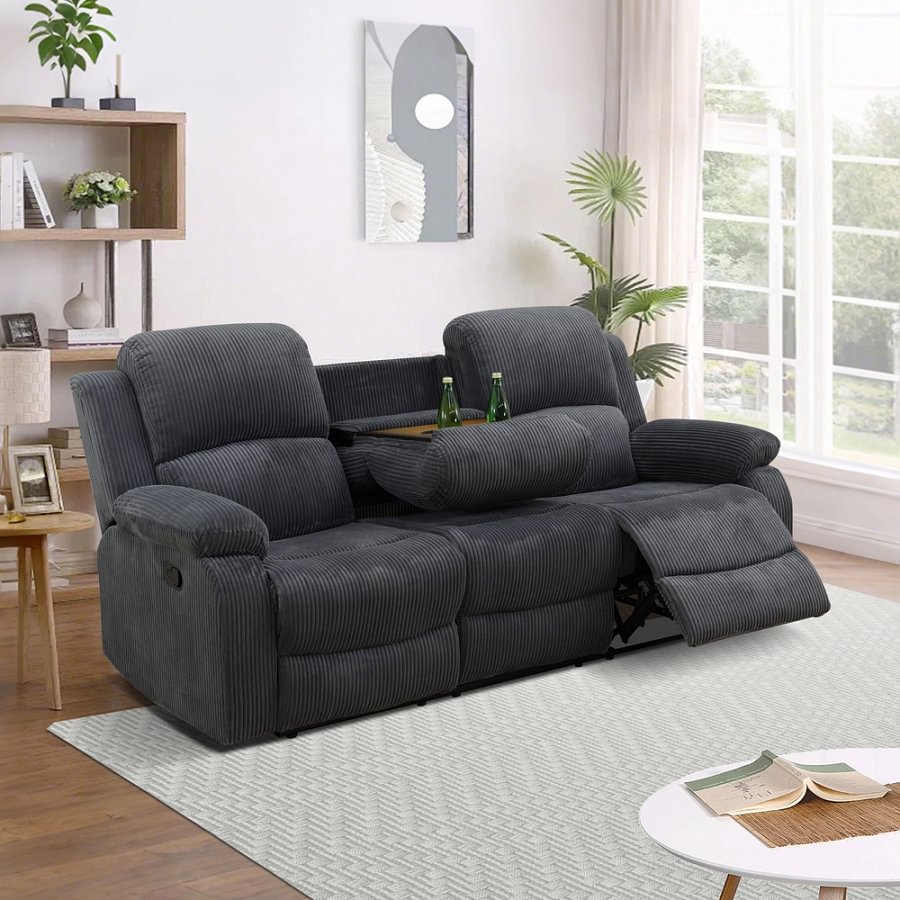3-Piece Textured Dark Grey Corduroy Reclining Sofa Set