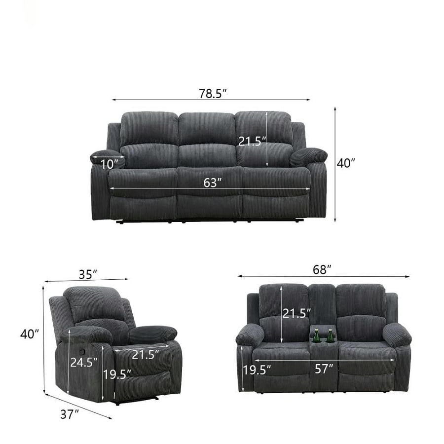 3-Piece Textured Dark Grey Corduroy Reclining Sofa Set